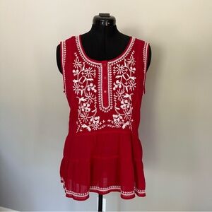 Style & Co. Red Sleeveless Blouse with White Embroidery